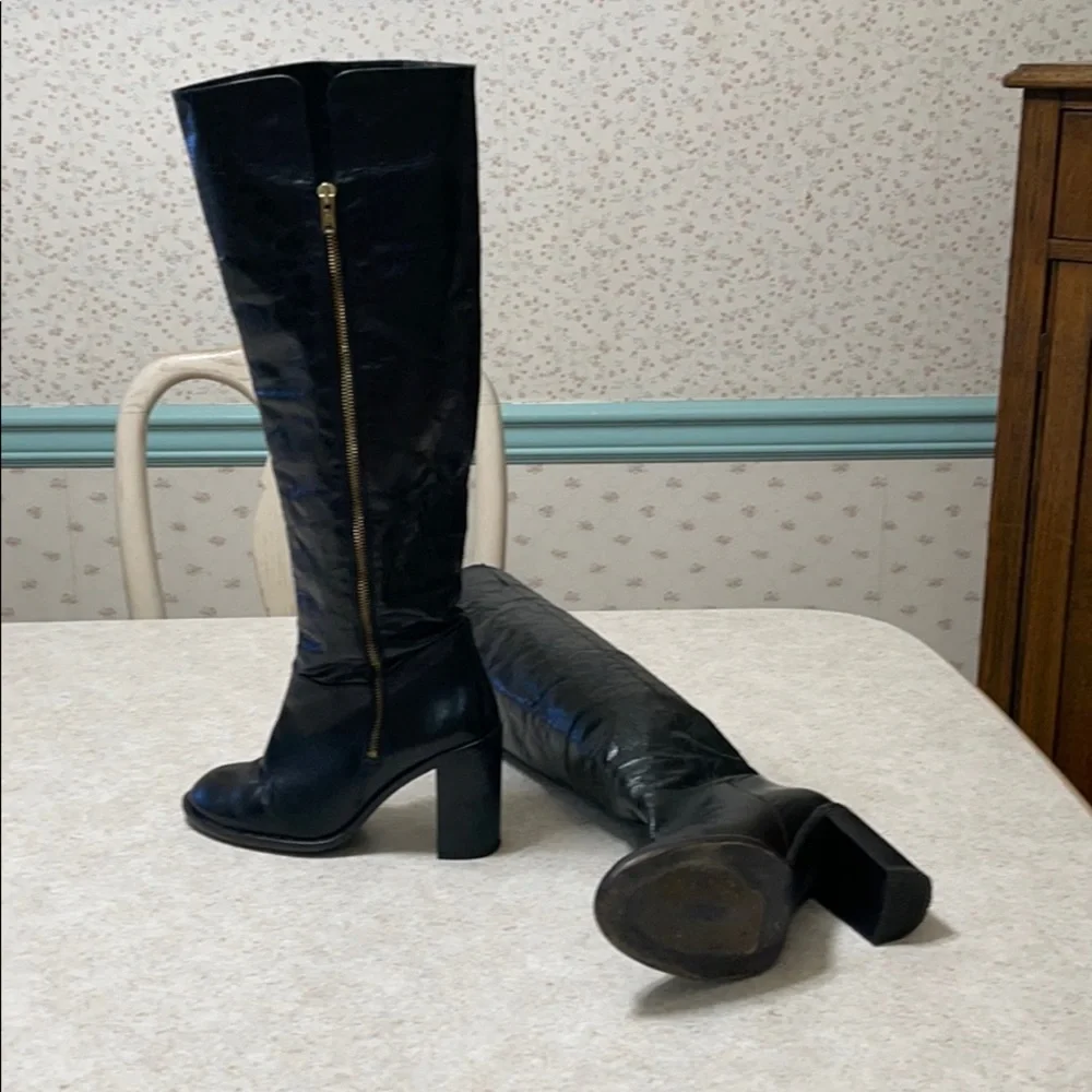 TOP SHOP OVER THE KNEE BLACK LEATHER HEELED BOOTS